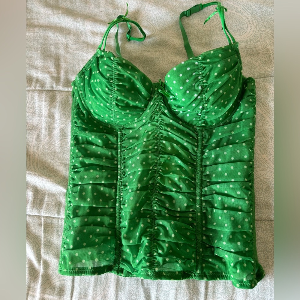 Green and white polka dot mesh corset top